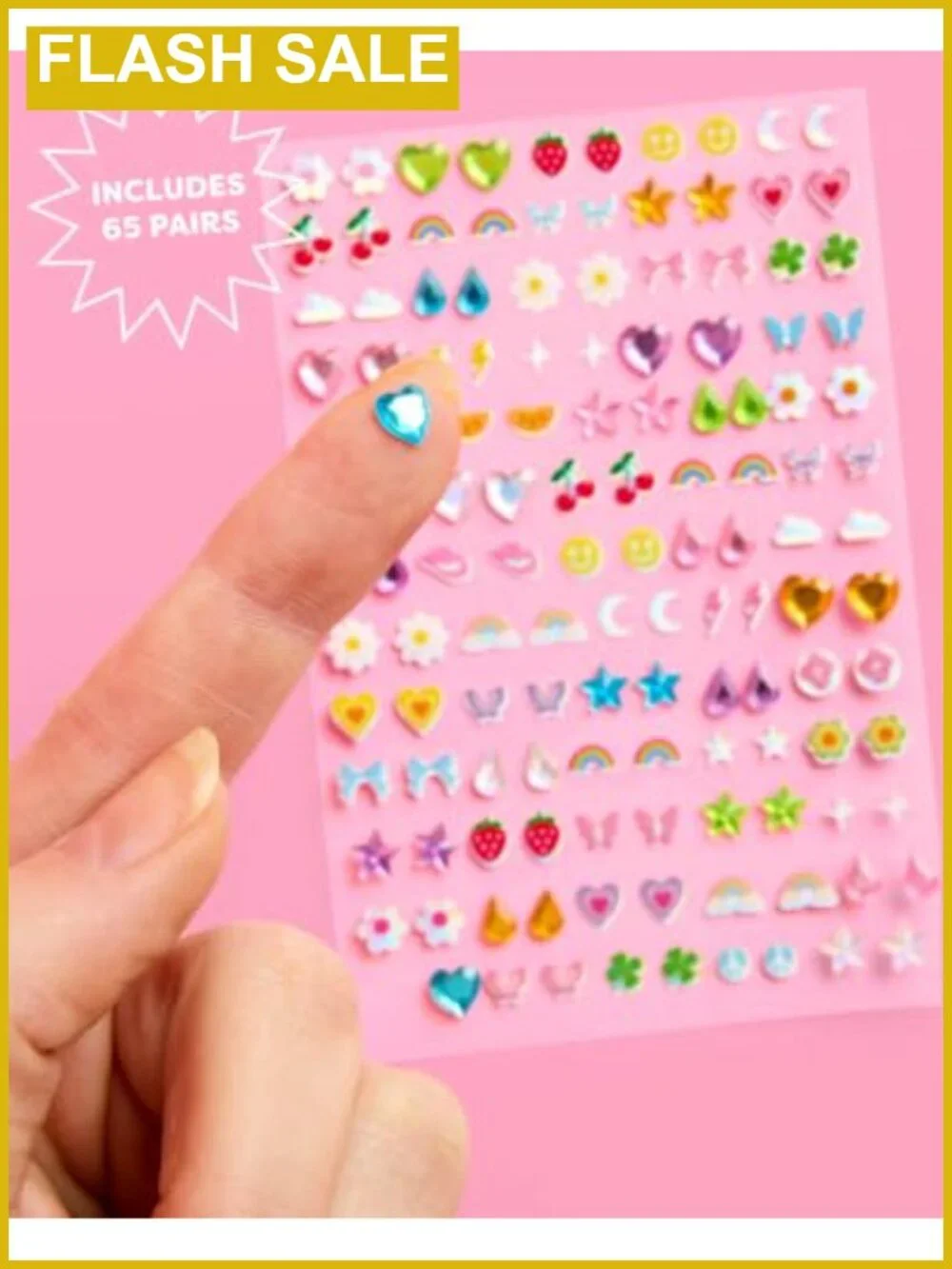 Rainbow Stick On Earrings 65 Sets, 130 Pieces, Stick-On Adhesive Gems, Party